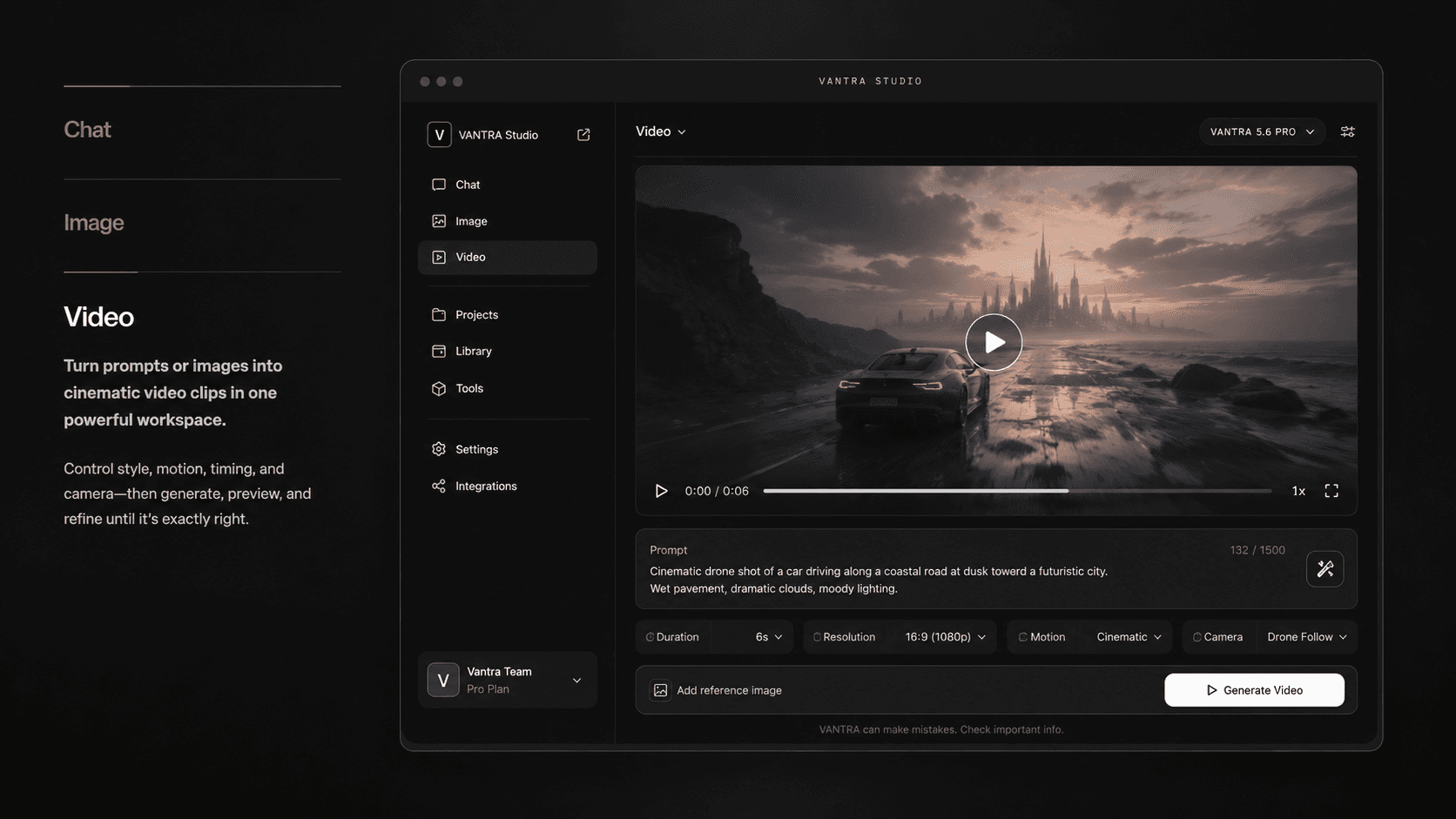 Video generation workspace in VANTRA Studio